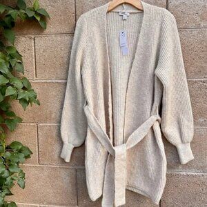 ASOS Topshop Oatmeal Belted Chunky Knit Cardigan, Blouson Sleeve Sweater, XS NWT